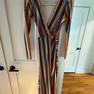 Vici Striped Wrap Maxi Dress in Blue, Rust & Cream